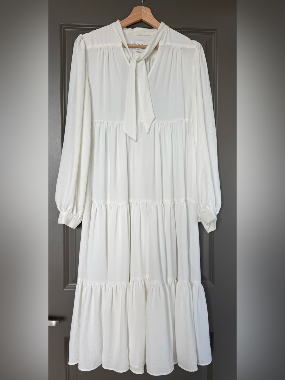 Topshop-Women's White Tie-Neck Tiered Midi Dress